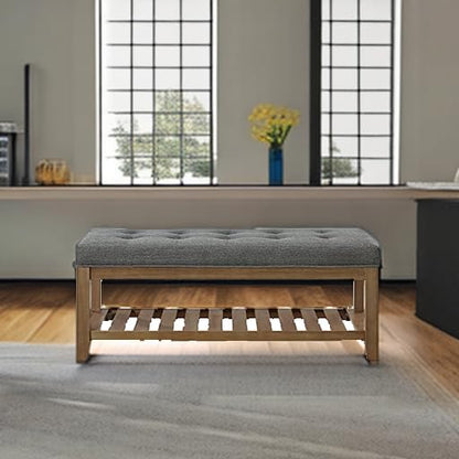 24KF Large Rectangular Upholstered Tufted Linen Fabric Ottoman Bench, Padded Bench with Solid Wood Shelf-Granite - color: Granite-bench, size: 15.8"D x 44"W x 18"H