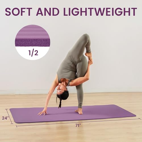 Fitvids Yoga Mat, 1/2-Inch Extra Thick High Density Exercise Mat, Anti-Tear Exercise Yoga Mat with Carrying Strap, Suitable for Various Yoga Exercises - color: Taro Purple