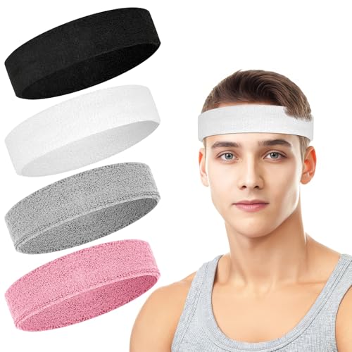 4 Pack Cotton Terry Sweat Headbands for Men Women Running Gym - color: Black/Gray/Pink/White
