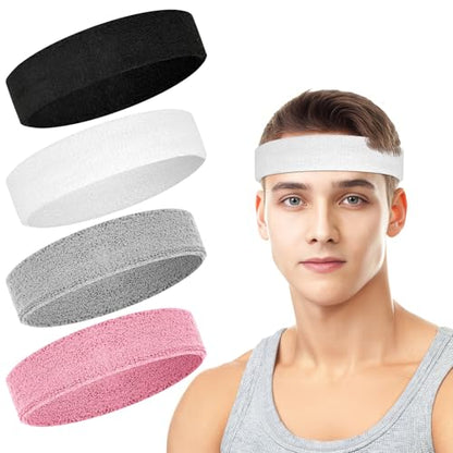 4 Pack Cotton Terry Sweat Headbands for Men Women Running Gym - color: Black/Gray/Pink/White