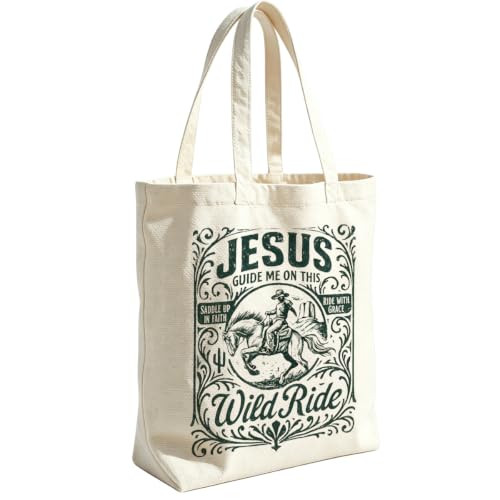 VICBOU Christian Canvas Tote Bag for Women Girls Birthday,Shoulder Bag with Pocket for Grocery Shopping Beach - color: Cowboyjesus