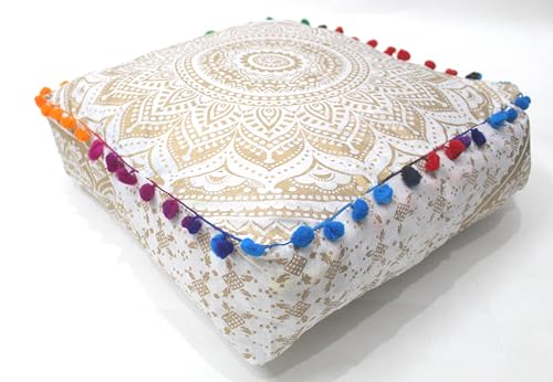 INDIAN CRAFT CASTLE Mandala Mandala Barmeri Large Floor Pillow Cover Cushion Meditation Seating Ottoman Throw Cover Hippie Decorative Zipped Bohemian Pouf Ottoman Cases White Gold Ombre 16" Square