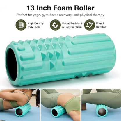 5 in 1 Foam Roller Set for Muscle Recovery & Deep Tissue Massage | Textured Grid Foam Roller with Massage Stick, Massage Ball, Resistance Band for Back Pain, Physical Therapy, Green - color: Green