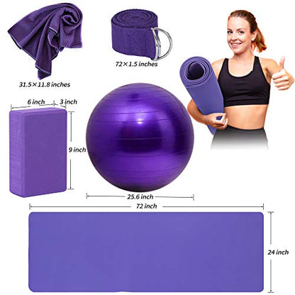 Yoga Starter Kit - 11-Piece Set with Yoga Blocks, Strap, Ball, Mat, Carrying Strap, Net Bag, Cooling Towel - color: Purple