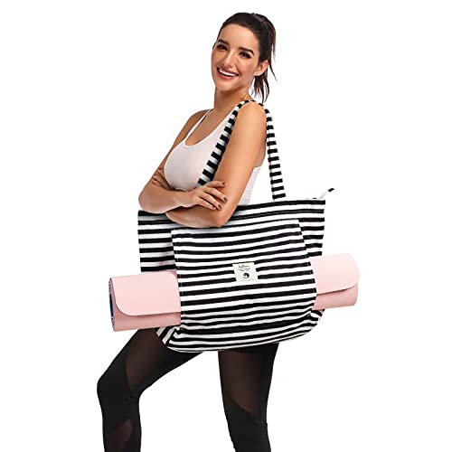 WLLWOO Yoga Mat Carrier Bag for Women Canvas Carryall Tote Gym Pilates | Large Holder Zipper Shoulder for Beach Travel Workout Fitness Office - color: stripes