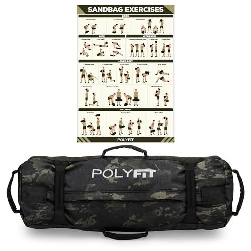 Polyfit Classic Sandbag - Workout Sandbag with 8 Gripping Handles | For working out and weight training, 3 sizes with adjustable filler bags, 8 foam handles, sand not included - color: BLACK CAMO, size: Large (50-125lbs)