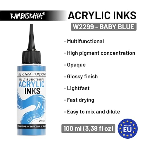 Kamenskaya Acrylic Inks for Artists - 'Baby Blue' Acrylic Ink, 3.38 Fl Oz (100 ml) | Highly Concentrated, Multifunctional Liquid Acrylic Paint - color: Baby Blue