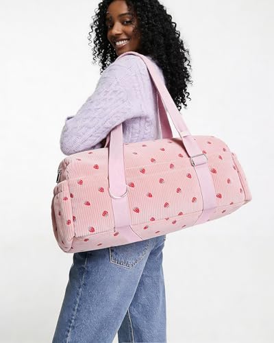 Hihealer Strawberry Gym Bag for Women & Girls, Corduroy Yoga Mat Bag with Holder, Large Capacity Dance Duffel Bag for Pilates, Travel Weekender Bag with Wet Pocket