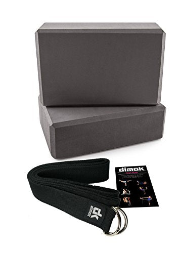dimok Yoga Blocks and Strap Set - Foam Bricks 9x6x4 and 8FT Yoga Belt Metal D-Ring - High Density Premium Quality - color: 2grey