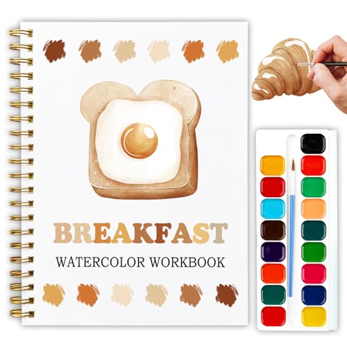 12 Breakfast Patterns Watercolor Set, Cute Pancake Egg Toast Painting Book for Beginners, Fun Family Art Activity Kit, DIY Gift for Teenager and Adults, Morning Food Lover Workbook - color: Yellow-Breakfast