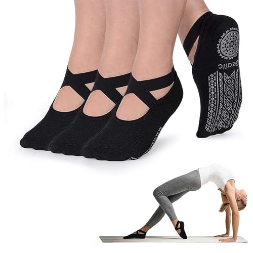 Ozaiic Pilates Socks for Women Non Slip Grip Yoga Barefoot Indoor Workout - color: 3 Pairs of Black