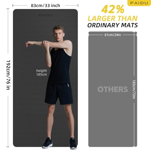 PAIDU Extra Long Wide Yoga Mat, （10mm） Thick Non-Slip Exercise Mat 76"x33" | large mat, ideal for yoga, Pilates & home gym, with non-slip grip & cushioning for all exercises. - color: Black