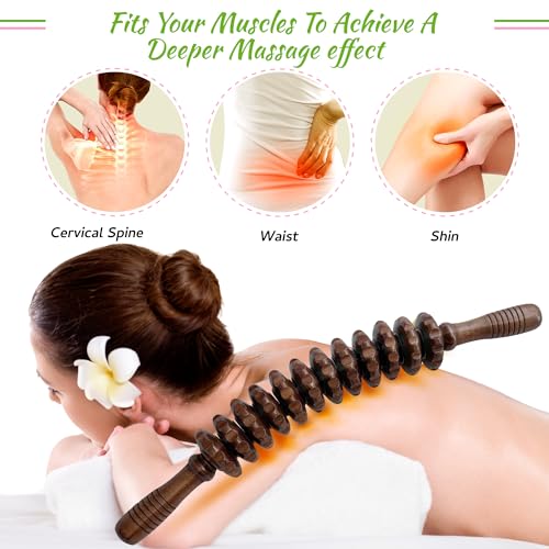 Wood Therapy Massage Roller Stick for Muscle Relief & Cellulite Reduction - color: Brown Curved-12 Rollers