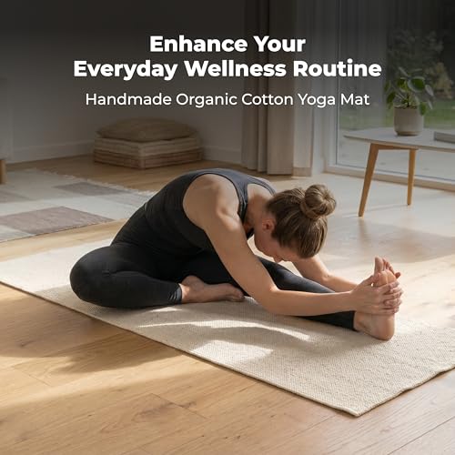 Live Well 360 Handmade Organic Cotton Yoga Mat - Non-Toxic, Chemical-free and All Natural Cloth Yoga Mat - Exercise, Workout, & Fitness Rug - Woven Material - Absorbent & Washable - 78" x 27" - color: Natural Cotton