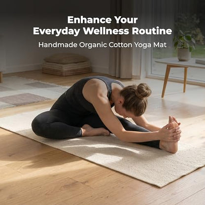 Live Well 360 Handmade Organic Cotton Yoga Mat - Non-Toxic, Chemical-free and All Natural Cloth Yoga Mat - Exercise, Workout, & Fitness Rug - Woven Material - Absorbent & Washable - 78" x 27" - color: Natural Cotton