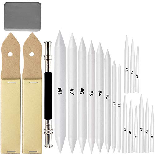 21 Pcs Blending Stumps and Tortillions Paper Art Blenders | Sandpaper Sharpener Pointer, Pencil Extension Tool, Kneaded Eraser, For Artist Charcoal Sketch Drawing