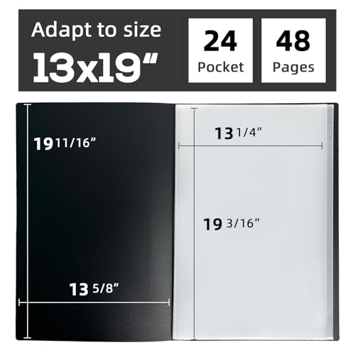 13x19 Black Art Portfolio Folder Displaying 48 Pages with Plastic Sleeves | 24-Pocket Presentation Book Binder For Artwork Storage Featuring Dark Inner Paper Inserts Protective Document Archival Holder - color: Black, size: 13*19