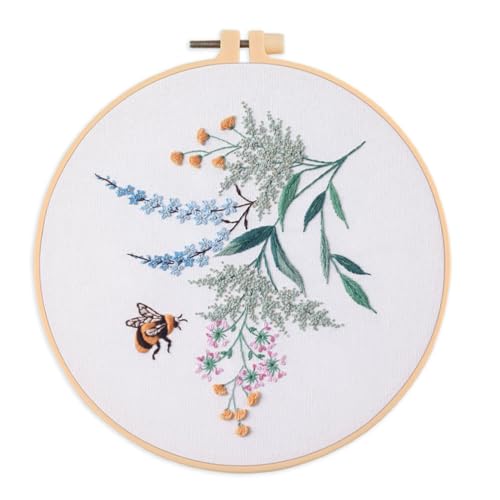Meecaa Bee Flower Animal Embroidery Kit Starter Set, Hand Embroidery Set,Pattern Printed Cross Stitch Set for Beginner Adults, with Embroidery Hoop and Instructions (Bee 1) - color: Bee 1