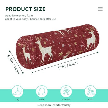 Christmas Red Reindeer Star Dots Neck Roll Pillow Bolster Round Health Memory Foam Long Cervical Cylinder Pillows with Removable Washable Cover for Body Bed Legs Back Yoga - color: Christmas Red Reindeer Star Dots
