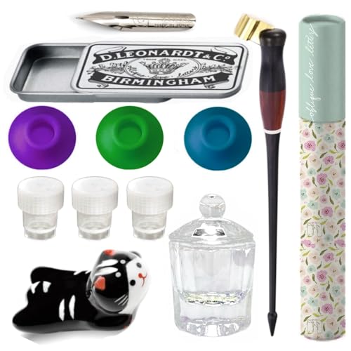 Oblique Calligraphy Pen Set Copperplate Calligraphy Pen,Glass Ink Well Empty Ink Well for Oblique Nib Holder Nikko g Nib Pen Rest & Nib Tin Organizer (Oblique Pen Set w/Black Cat Rest) - style: Oblique Pen Set w/ Black Cat Rest
