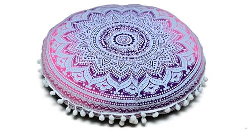 Craft Kala 32 Inch Meditation Floor Pillows Round Pillow Cover Seating for Hippie Decorative Adults Bohemian Mandala Floor Cushion Cover Outdoor Yoga Living Room Throw Ottoman Poufs Cover (Pink Ombre) - color: Pink Ombre