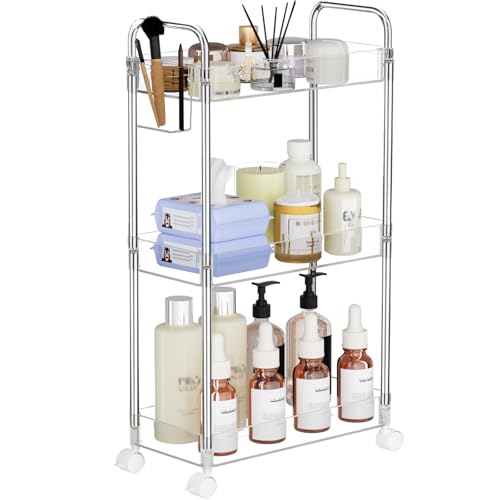 SPACEKEEPER 3 Tier Acrylic Storage Rolling Cart Clear Bathroom Cart Organizer, Transparency Laundry Room Organization Mobile Shelving Unit Multifunction Rolling Utility Cart for Office Living Room - color: Clear, size: 3 Tier