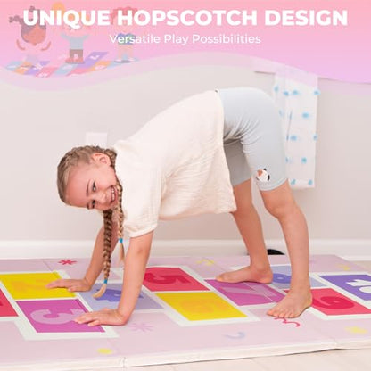 Kangaroo Hoppers Gymnastics Tumbling Mats Foldable Gym Tumble Mat for Kids - color: Pink-Hopscotch Design, size: 3×6FT×1''