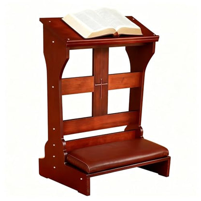Wood Prayer Bench with Cushion – Kneeler for Home and Church, Padded Kneeling Stool with Slanted Shelf for Bible, 23" x 20" x 32.8"