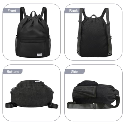 Waterproof Drawstring Backpack Sports Gym Sackpack with Mesh Pockets Water-Resistant String Cinch Beach Bag for Men Women - color: Solid - Black