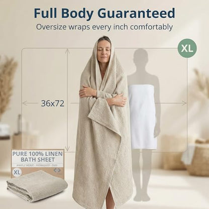 Pure 100% Linen Bath Sheet 35x70-inch - Waffle Weave - Quick Dry - color: Natural Linen, size: Bath Sheet