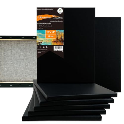 CONDA Black Stretched Canvas 11x14 inch 8 Pack Canvases for Painting, 100% Cotton, 8 oz Gesso-Primed, 5/8 Inch Profile Artist Canvas Value Bulk Pack for Acrylics, Oils Painting - size: 11"x14" 8 Pack