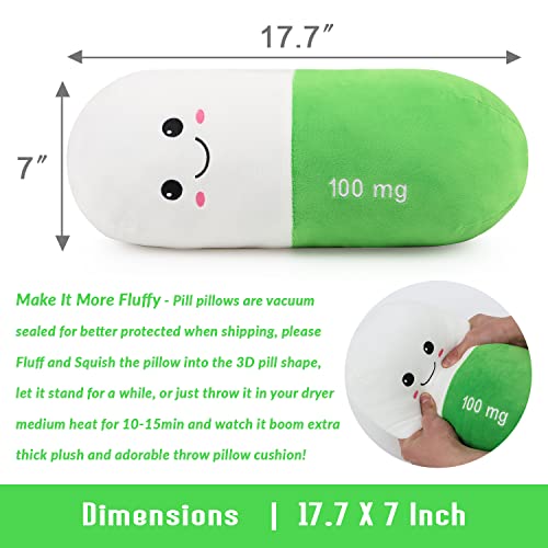 Pill Pillow Neck Roll Pillow Cute Preppy Room Decor Chill Pillows with Washable Cover, Funny Aesthetic Trendy Gift Throw Pillows for College Dorm Teenager Y2K Teacher Doctor Nurse (Green, M) - color: Green