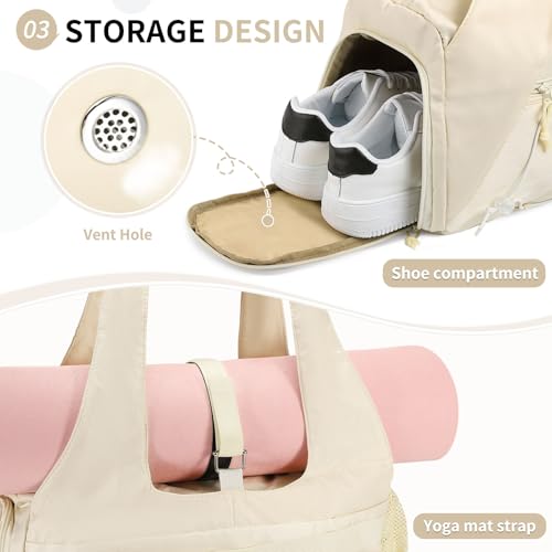 Small Gym Bag for Women with Shoe Compartment 35L, Beige - color: Beige