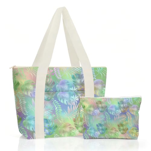 IAXIC Waterproof Tote Bag and Wet Bag Set, Summer Pattern Design for Beach Travel Gym Holiday Gifting - color: Pastel Tropical Leaf Mix
