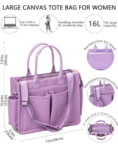 ZHMO Canvas Tote Bag for Women,Women's Bags Crossbody Bags Work Laptop Tote Bag Large Handbags Purse for Travel Nurse Teacher - color: New Upgrade Plus Purple With Compartments and Inner Cup Holders