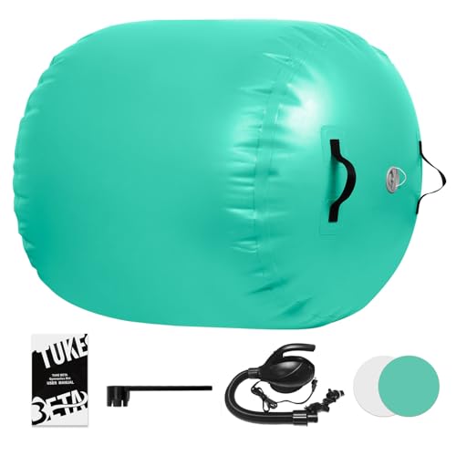 Gymnastics Air Roller Air Barrel Inflatable Tumbling Mat Tumble Air Spot - Gymnastics Training Springboard - Round Inflatable Springboard with Pump for Yoga Training Cheerleading Home Use - color: Green, size: （H）47.2inch*(Diam)35.4 Inch