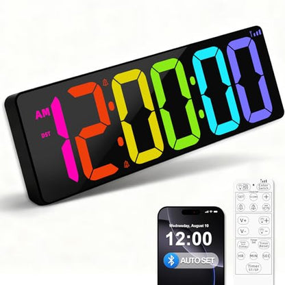 TXL 17.2" Bluetooth Digital Wall Clock with Seconds, Large Countdown Timer for Classroom Home Gym Kitchen Office, Alarm Clock with Remote Control, 4 Dimmable Brightness, Auto DST (RGB) - color: Rgb