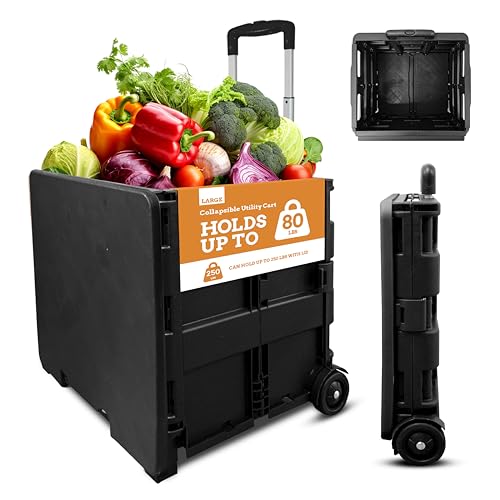 Inspired Living Collapsible Ultra-Slim Pack-N-Roll,2 Wheel Utility Cart w/Lid used as Seat up to 250 Lbs, Telescopic Handle - Super Strong, for Home, Garden, Shopping, Office, School use, Large, Black - color: Black, size: Large/ Lid