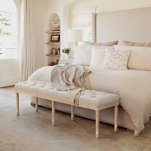 LUE BONA 60" Fabric End of Bed Bench, Upholstered Tufted French Bedroom Bench with Carved Legs for Bedroom End of King Size Bed, Living Room, Linen - color: Linen and Wood, size: 60''