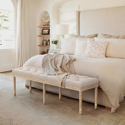 LUE BONA 60" Fabric End of Bed Bench, Upholstered Tufted French Bedroom Bench with Carved Legs for Bedroom End of King Size Bed, Living Room, Linen - color: Linen and Wood, size: 60''