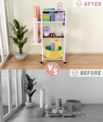 Yoga Mat Storage Rack with Wheels, 3 Tier Home Gym Workout Equipment Organizer for Dumbbells, Kettlebells, Foam Rollers - color: White