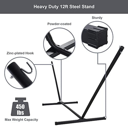 Heavy Duty Hammock with 12FT Stand, Double Hammock, Dark Gray | Large Hammock with Curved Spreader Bar, Pillow, Safety Ropes and Portable Carring Bag, Patio Hammock for Outside, Max 450 Lbs - color: Dark Gray