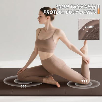 PAIDU 접이식 피트니스 요가 매트 | 10mm(2/5인치) 매우 두꺼움 | SGS 인증 미끄럼 방지 TPE | 190.5 x 66cm(75 x 26인치) 엑스트라 롱 와이드 | 휴대용 및 쉬운 보관 | 요가, 필라테스, 홈 체육관 및 전신 운동용 - color: 다크 브라운 & 베이지
