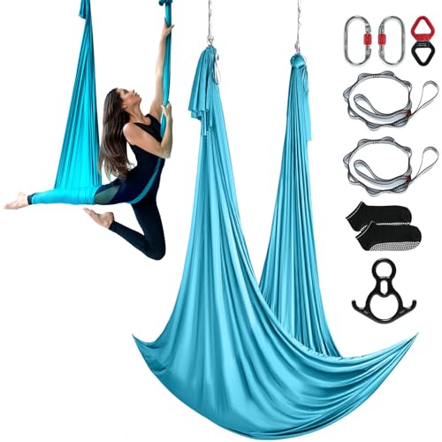 Happybuy Aerial Silk & Yoga Swing, 11 Yards, Hammock Kit, 100gsm Nylon Fabric, Full Rigging Hardware, Blue, Antigravity Flying for All Levels Fitness