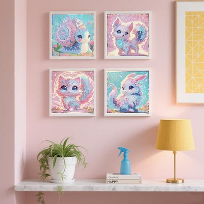 FlyingMage 5D Diamond Art Kits for Adults,Kawaii DIY Painting Art for Women, 4 Pack Cute Diamond Arts and Crafts Sets,Diamond Art Mosaic Kits,Big Gem Full Drill Diamond Dots, Fox Cat Rabbit Snail - color: Pink&Blue Fox+Cat+Rabbit+Snail
