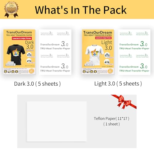 TransOurDream Iron on Heat Transfer Paper for Dark and Light T Shirts (Mixed Pack, 5+5 Sheets, 8.5x11) Printable HTV Heat Transfers Vinyl for LaserJet & Inkjet Printers (D3L3) - color: Mix, size: 10 Sheets