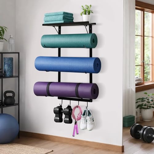 Yoga Mat Holder Wall Mount, Wall Mounted Yoga Mat Storage Rack with Shelf & Hooks, Home Gym Yoga Accessory Organizer for Mats, Foam Roller, Bands & Workout Equipment