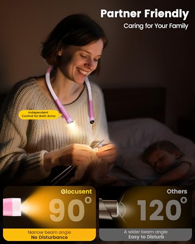 Glocusent Neck Light with Timer, 100 Hours Book Light for Bedtime Reading | Neck Reading Light, 3-Color, 5 Brightness, Bendable, Ergonomic, 1600mAh, Rechargeable, Eye Care, Sleep Aid, Travel Lock, Gift - color: Pink