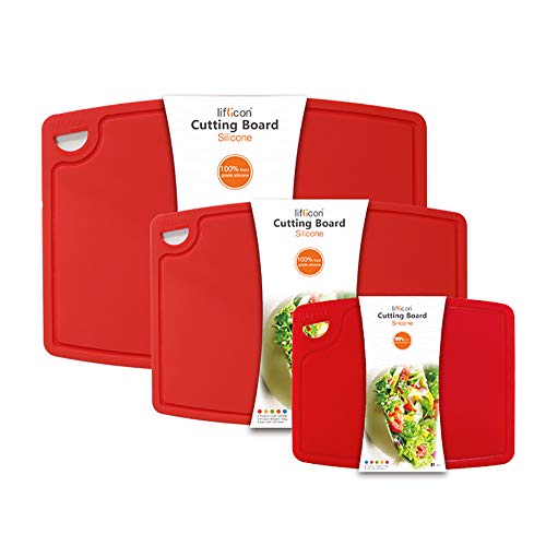Liflicon Silicone Thick Cutting Boards Mats Set of 3pcs Foldable & Flexible Design Juice Grooves Easy Grip Handle Dishwasher Safe for Kitchen,BPA free Silicone Cutting Boards/Mats-Red - color: Red, size: S+M+L