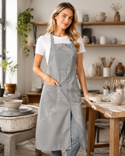 Pottery Split-Leg Make Ceramic Apron, Long Split-Leg Artist Painting Apron with 3 Pockets for Men and Women - color: Grey